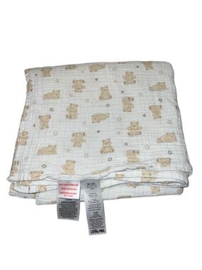 Little Me Baby Blanket  Beige Teddy Bear All Over  100% Cotton Muslin